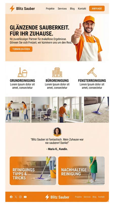 Eine Website einer Reinigungsfirma mit orangefarbenen Akzenten. Ein Mann mit Handschuhen zeigt nach oben; Icons zeigen Reinigungsdienste. Unten putzen Menschen Räume und Fenster. Kundenstimmen, Tipps und Links zum Thema Nachhaltigkeit erscheinen am unteren Rand.