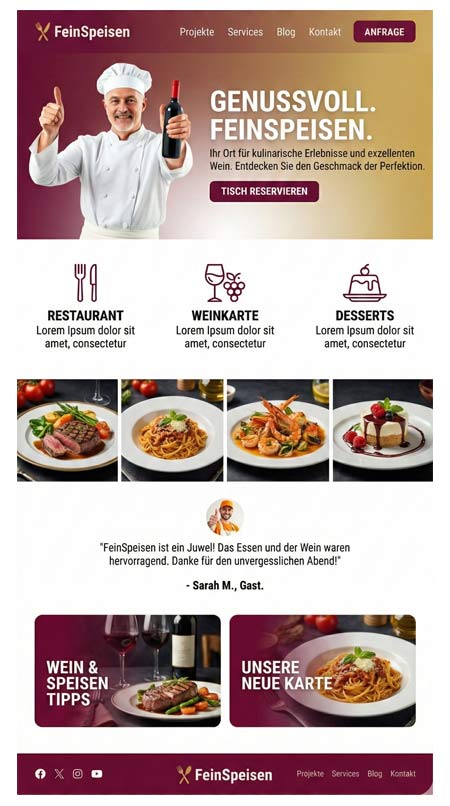 Die Homepage des Restaurants hebt die Gastronomie mit einem lächelnden Chefkoch, Lebensmittelkategorien, Bildern von Gourmetgerichten, Erfahrungsberichten von Kunden, Weintipps und einer neuen Speisekarte hervor - alles in elegantem Rot, Gold und Weiß gehalten.