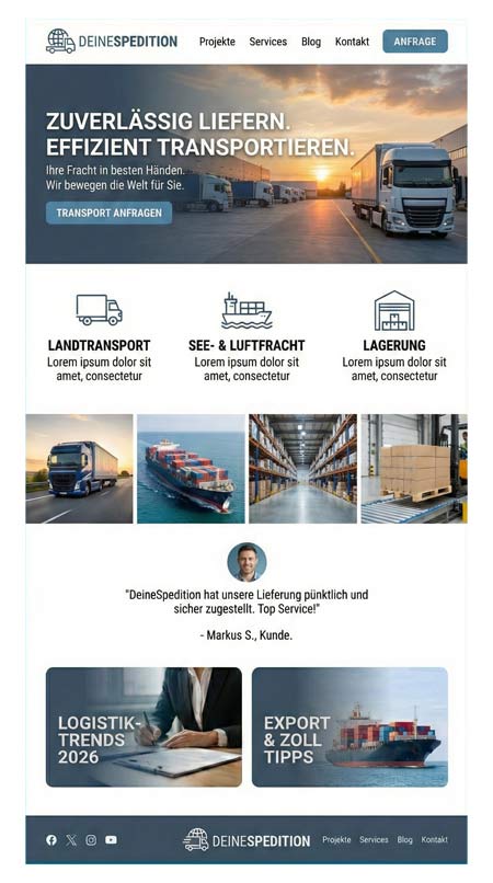Eine Website für ein Speditionsunternehmen mit Abschnitten für Land-, See- und Luftlogistik, Lagerungsdienstleistungen, einem Header-Bild von Lastwagen, detaillierten Dienstleistungsbeschreibungen, Kundenstimmen, News-Links und einer einfachen Navigation am oberen und unteren Rand.