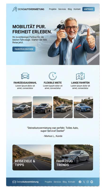 Ein lächelnder Mann in einem Anzug mit Autoschlüsseln steht neben einem Auto. Darunter befinden sich auf der Website Abschnitte mit verschiedenen Automodellen und Mietoptionen, mit Schaltflächen für die Buchung und Navigationslinks für Projekte, Dienstleistungen, Blog und Kontakt.