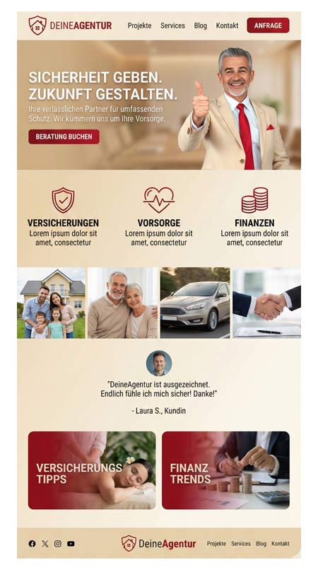 Die Homepage einer Versicherungsagentur zeigt einen lächelnden Mann im Anzug, der den Daumen nach oben streckt, Dienstleistungssymbole, Familien- und Geschäftsbilder sowie Abschnitte für Versicherungen, Finanzen, Kundenrezensionen und Tipps. Die Hauptfarben sind Rot, Weiß und Beige.