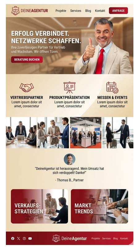 Screenshot einer Geschäftsagentur-Website mit einem Mann im Anzug, der den Daumen nach oben streckt, Abschnitten für Dienstleistungen wie Vertriebspartner, Produktpräsentationen, Veranstaltungen, Kundenstimmen und Schaltflächen für Beratungsanfragen.