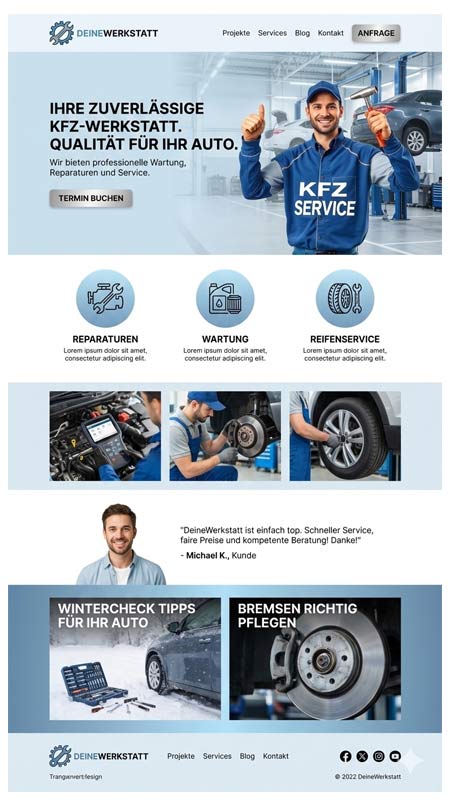 Screenshot der blau-weißen Website werkstatt, die Mechaniker in Aktion zeigt, Kfz-Dienstleistungen wie Reparatur und Wartung, Reifen, einen Kundenbericht und einen Abschnitt mit Tipps von Experten zur Autopflege im Winter.