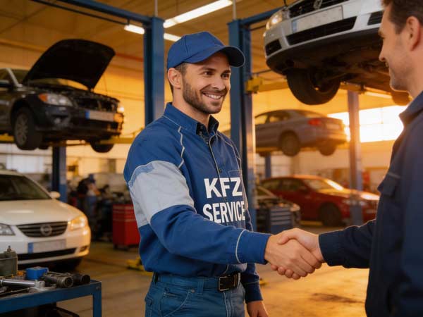 Ein lächelnder Automechaniker in blauer Uniform und Mütze schüttelt einem Kunden in der Werkstatt die Hand, während im Hintergrund Autos auf Hebebühnen stehen.