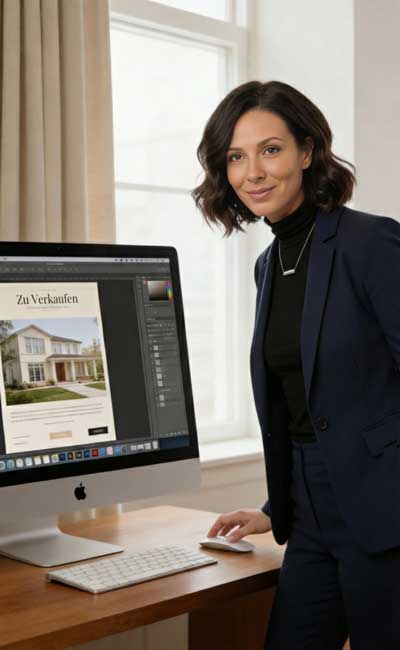 Eine Frau in einem marineblauen Anzug steht an einem Schreibtisch mit einem Computer, auf dem ein Immobilienangebot und die deutschen Worte Zu Verkaufen über einem Hausfoto angezeigt werden. Sie lächelt und verdeutlicht, wie drucksachen Druckdesign die professionelle Präsentation von Immobilien aufwertet.
