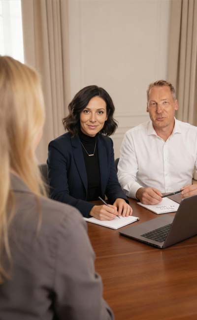 Zwei Geschäftsleute, eine Frau und ein Mann, sitzen an einem Tisch mit Notebooks und einem Laptop und hören einer dritten Person während einer Marketingberatung, die sich auf effektive Massnahmen konzentriert, aufmerksam zu.