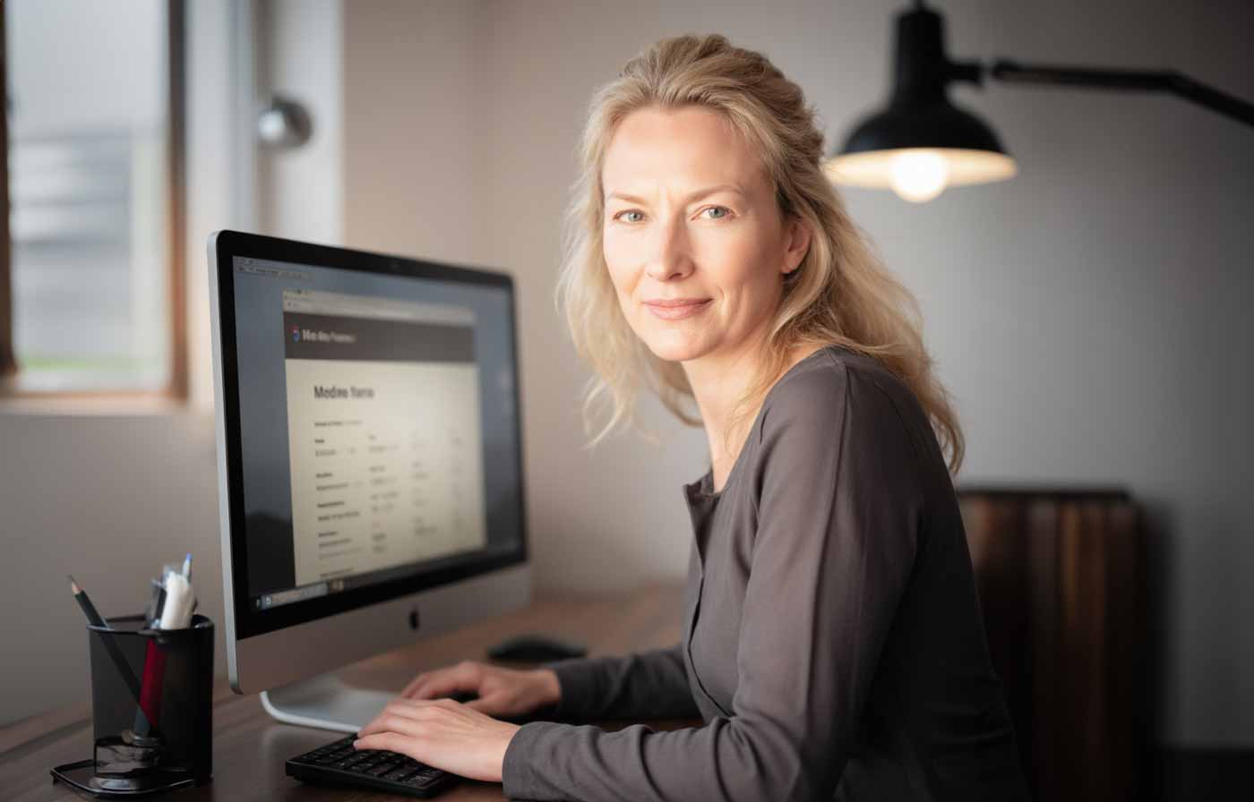 Eine Frau mit blonden Haaren sitzt an einem Schreibtisch und schaut betrübt in die Kamera, während sie einen Desktop-Computer benutzt und feststellt, dass ihre Angebote nicht im Internet zu finden sind.