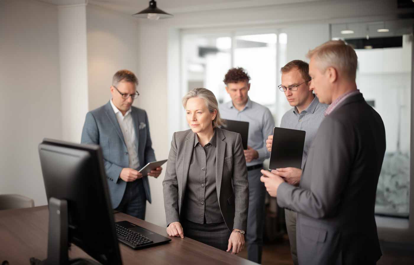 Eine Geschäftsfrau im grauen Anzug steht unentschlossen an einem Schreibtisch und analysiert eine Online-Strategie auf ihrem Computerbildschirm, während vier männliche Kollegen mit Tablets und Notizblöcken das komplexe Projekt in der hellen Büroumgebung diskutieren.