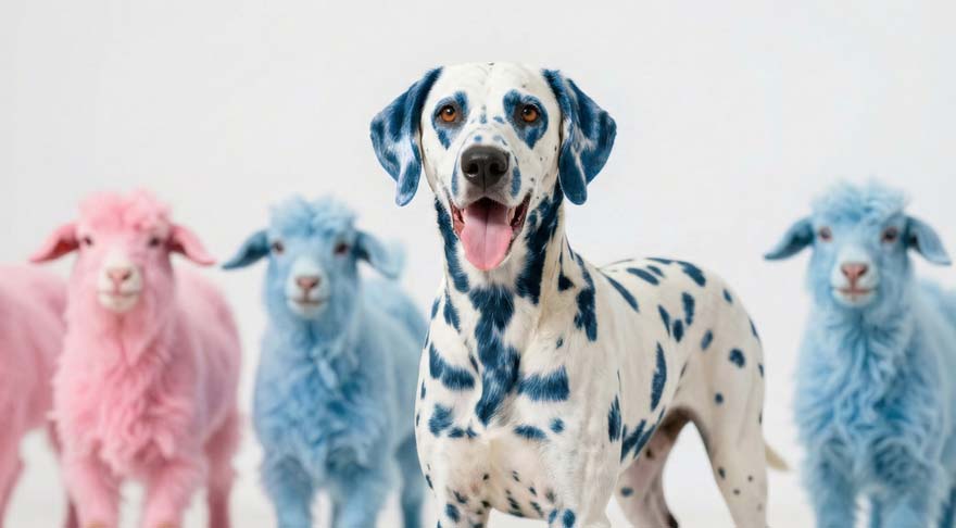 Ein Dalmatiner mit blauen Flecken steht vor zwei rosa Schafen und zwei blauen Schafen, alles in einer hellen, weißen Umgebung. Perfekt für Marketing-Beratung, und Werbestrategie hier das Motto "Bekannt wie ein bunter Hund!"