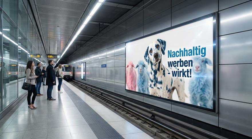 Menschen stehen auf einem U-Bahn-Bahnsteig, während sich ein Zug nähert. Ein großes Plakat an der Wand mit blau bemalten Hunden und einem deutschen Text über nachhaltige Werbung zeigt die Wirkung von Print Werbung und anderen gedruckten Medien.