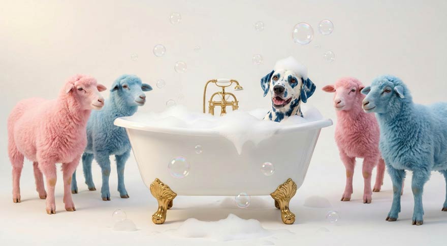 Ein dalmatinischer Hund sitzt in einer mit Seifenblasen gefüllten Badewanne, umgeben von vier Schafen - zwei rosa, zwei blaue - während Seifenblasen in der Luft schweben. Diese skurrile Szene symbolisiert perfekt die Wartung und Optimierung.