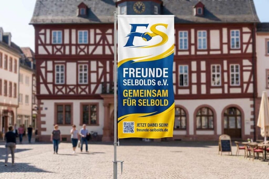 Ein vertikales Banner auf einem Platz mit einem Werbetext für den Verein „Freunde Selbolds e.V.“ und dessen Website, aufgestellt vor einem traditionellen Fachwerkhaus an einem sonnigen Tag.