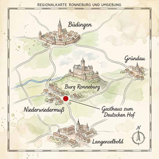Illustrierte Karte, auf der Burg Ronneburg im Mittelpunkt zu sehen ist, umgeben von Büdingen, Gründau, Langenselbold, Niederwiedermus und dem Gasthaus zum Deutschen Hof, mit Straßen und einer Windrose.