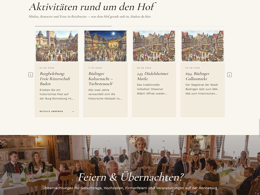 Screenshot eines Website-Bereichs mit dem Titel „Aktivitäten rund um den Hof“, der eine Veranstaltungsübersicht mit Terminen, Bildern historischer Jahrmärkte und einem Foto von Menschen zeigt, die an einem langen Tisch in elegantem Ambiente speisen.