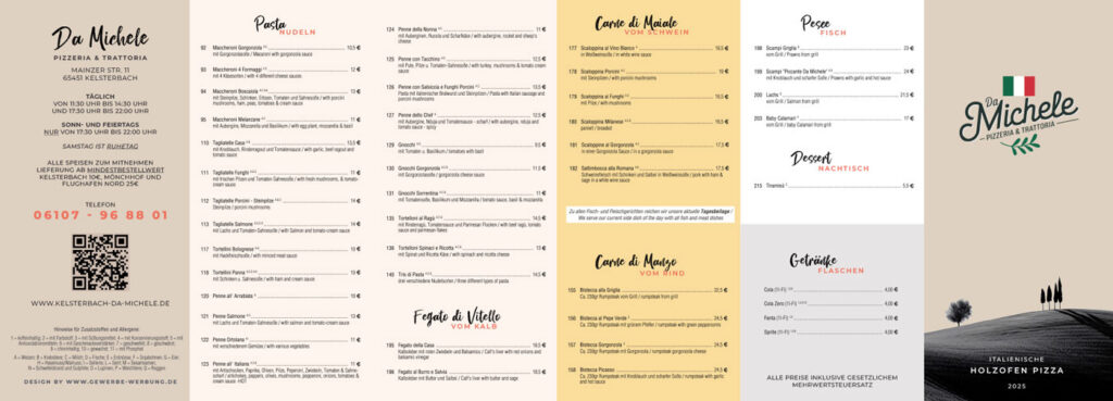 Deutschsprachige Speisekarte des Restaurants „Da Michele“, entworfen für „Druck“, mit Rubriken für Pasta, Fisch, Pizza, Fleisch, Desserts und Getränke. Enthält Preise, Kontaktdaten, einen QR-Code sowie ein kleines Bild im Querformat mit der italienischen Flagge und dem Logo des Restaurants.