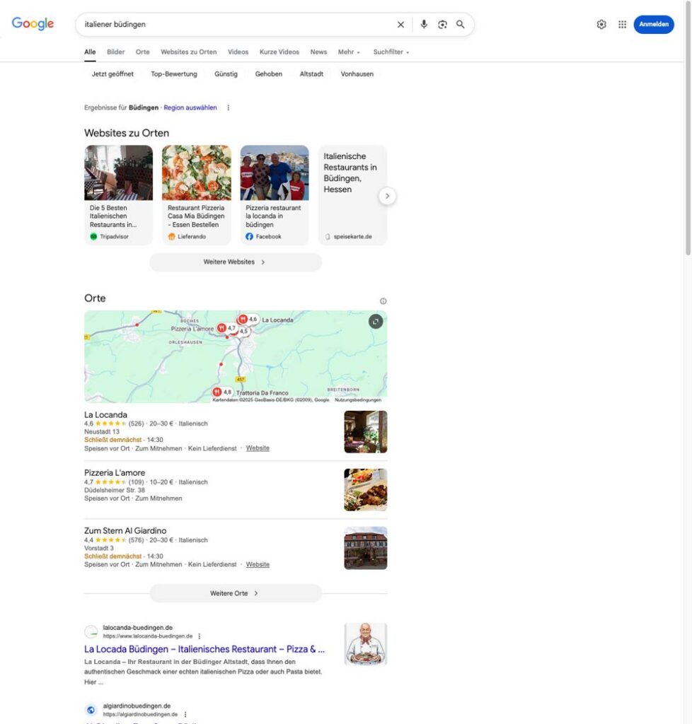 Die Google-Suchergebnisseite für „Italiener Büdingen“ zeigt eine Karte mit italienischen Restaurants in Büdingen, Deutschland, sowie eine Liste mit drei hervorgehobenen Restaurants, einschließlich Standort, Bewertungen und Rezensionen.