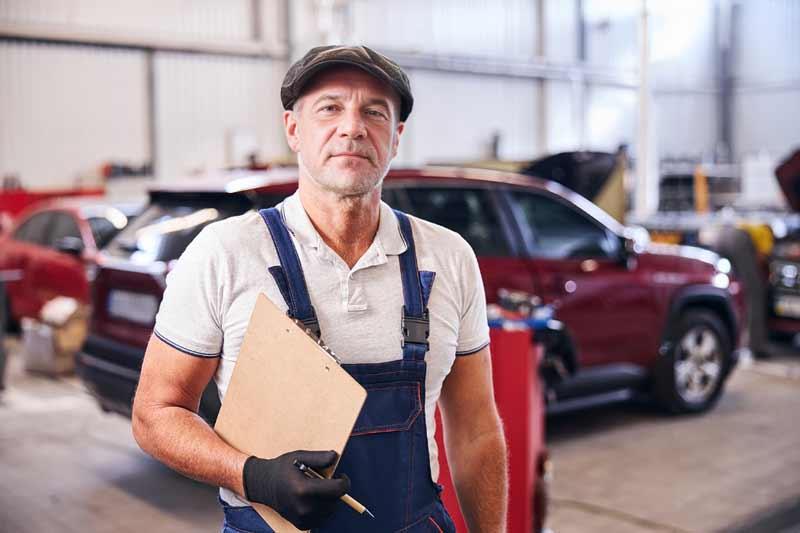Ein Mechaniker in Overalls und mit einer Mütze hält ein Klemmbrett und einen Bleistift in der Hand und steht in einer Autowerkstatt, im Hintergrund sind Autos zu sehen.