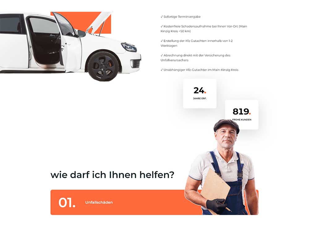 Ein Mann in einer Latzhose steht unter den Statistiken und dem Text neben einem weißen Auto mit geöffneter Tür. Die Seite bietet SEO-optimierte Unterstützung bei Unfallschäden und präsentiert Servicestatistiken unserer erfahrenen Gutachter.