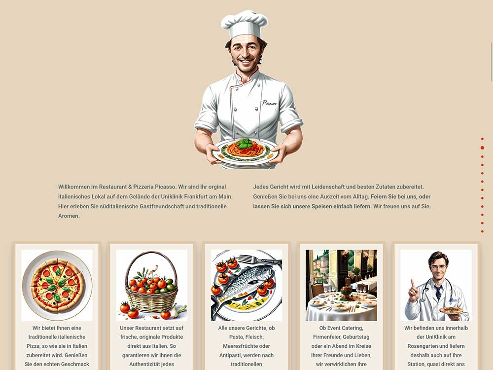 Illustration eines lächelnden Kochs in weißer Kochuniform und Kochmütze, der einen Teller mit Pasta in der Hand hält. Darunter sind Abbildungen von Pizza, Salat, Fisch und einer Käseplatte zu sehen, begleitet von einem beschreibenden Text auf Deutsch über die italienische Küche. Ideal zur Präsentation auf einer responsiven Website, die sich kulinarischen Genüssen widmet.