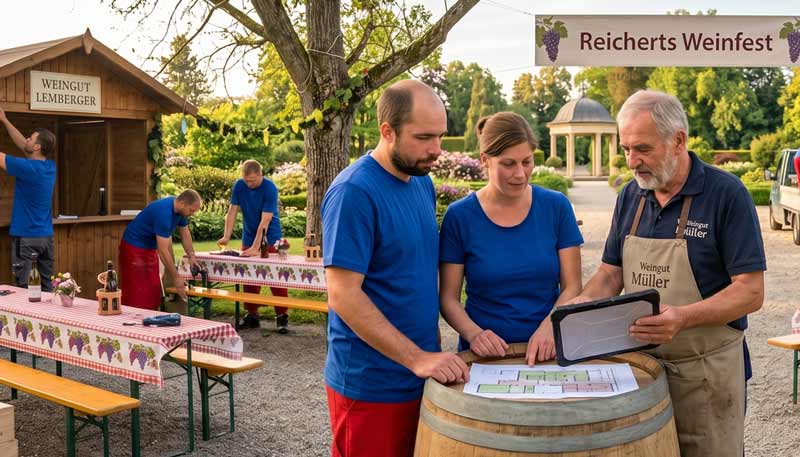 Mehrere Personen richten im Freien das Reicherts Weinfest her. Drei Veranstalter konzentrieren sich auf die Vorbereitungen auf einem Fass, während andere in der Nähe eines hölzernen Weinstands Tische mit Tischdecken mit Weinrebenmuster decken. Im Hintergrund sind Bäume und Grünflächen zu sehen.
