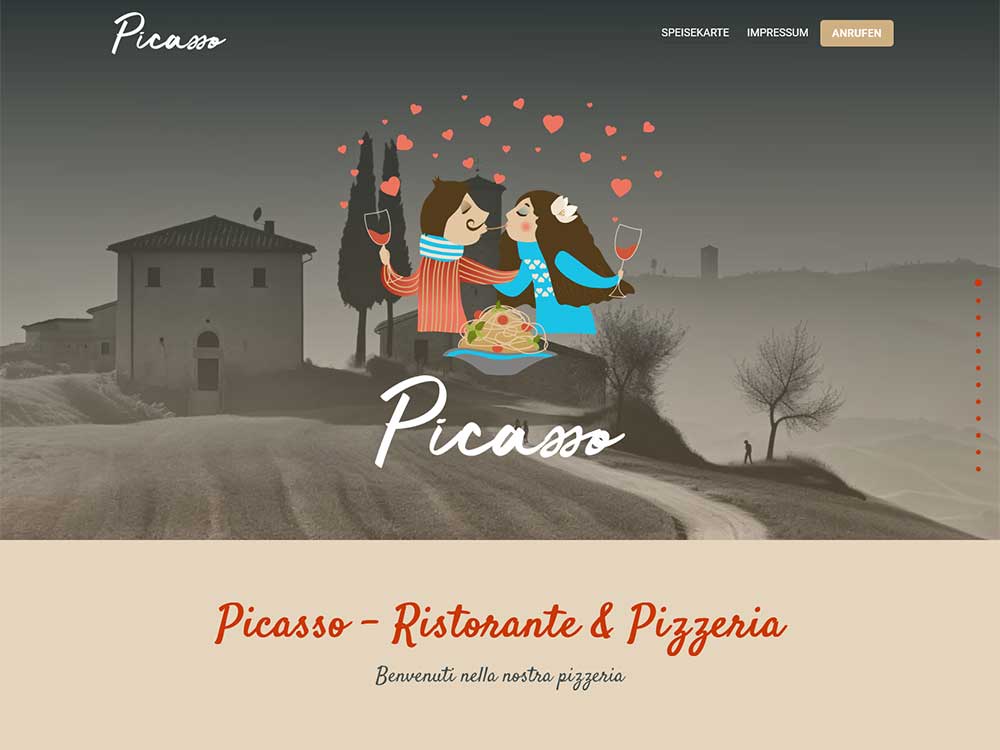 Ein Cartoon-Paar genießt gemeinsam Pizza und Wein, über ihnen sind Herzen zu sehen, vor dem Hintergrund einer rustikalen italienischen Landschaft. Der Text lautet: „Picasso – Ristorante & Pizzeria“. Die Navigationsschaltflächen befinden sich oben rechts auf der Startseite.