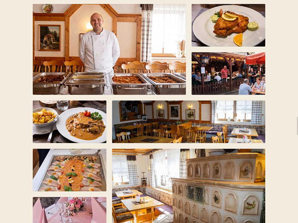 Ein Koch steht neben Buffetplatten; weitere Bilder zeigen angerichtete Speisen, Restaurantinnenräume mit Holzdekor, die sich perfekt als Inspiration für Inhalte eignen, einen Außenbereich mit roten Sonnenschirmen, der ideal für die Ästhetik im Webdesign ist, sowie eine Nahaufnahme eines Kachelofens.