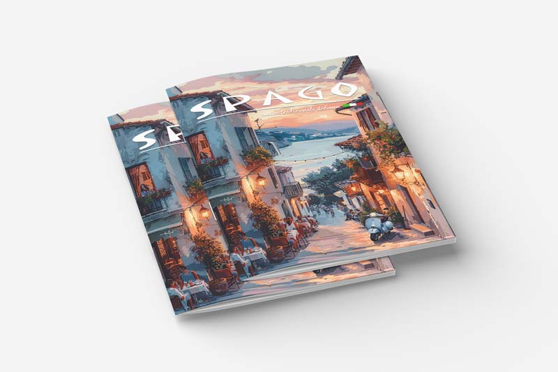 Zwei Printmagazine mit illustrierten Titelseiten, die eine reizvolle europäische Straßenszene bei Sonnenuntergang zeigen, gesäumt von Gebäuden, Terrassen und warmem Licht. Der Titel „SPAGO“ ist oben deutlich hervorgehoben und erinnert an die Eleganz einer professionellen Speisekarte.