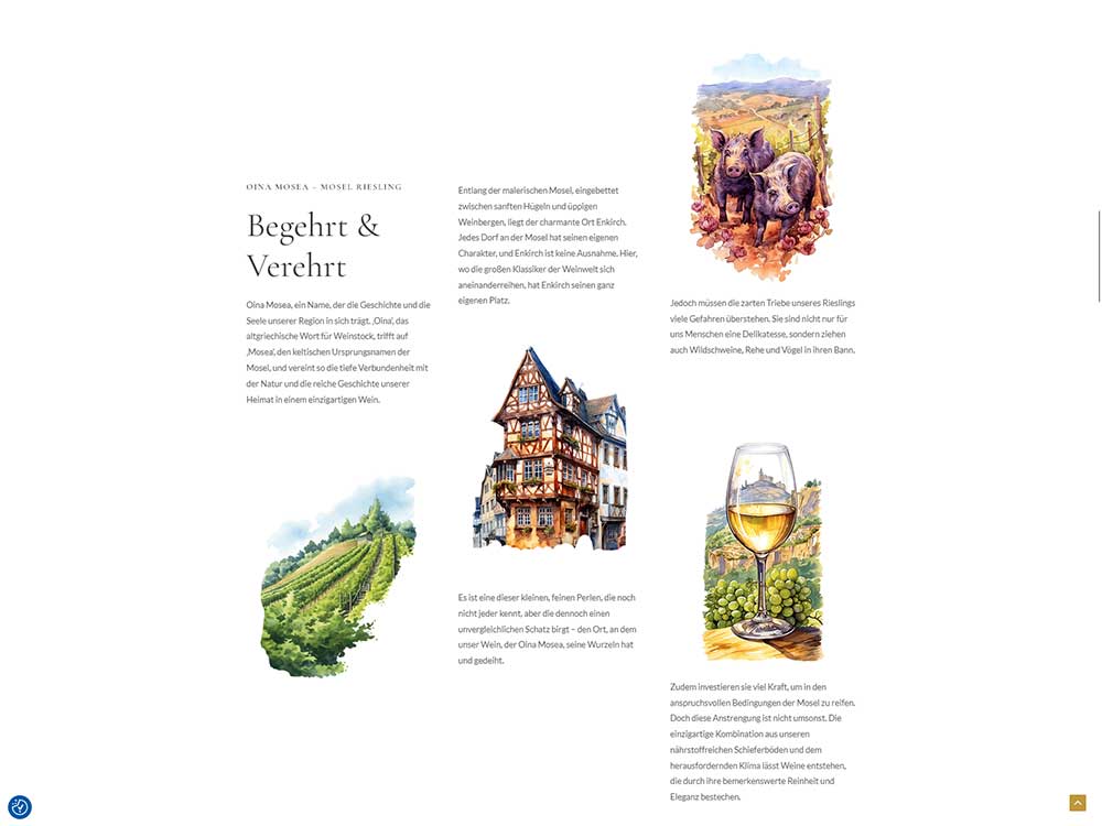 Eine Zeitschriftenseite mit deutschem Text zum Thema Wein, auf der eine Zeichnung eines Fachwerkhauses, eine Schale mit Weintrauben und ein Weinglas vor weißem Hintergrund zu sehen sind.
