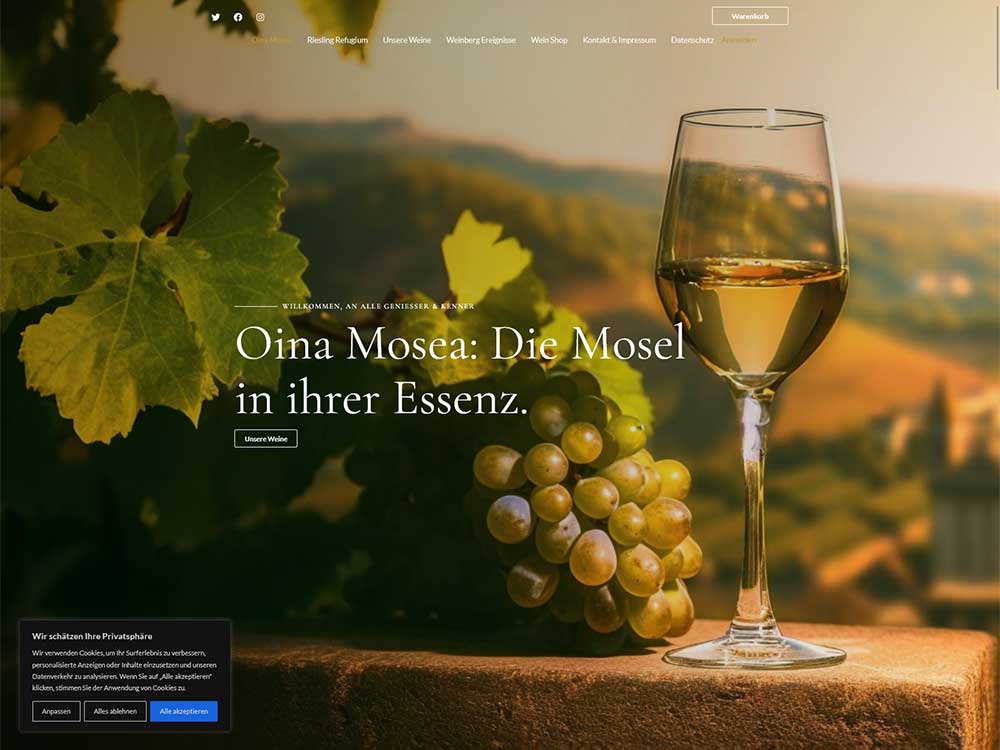 Auf einem Tisch steht ein Glas Weißwein neben einer Traube grüner Weintrauben, im Hintergrund sind sonnenbeschienene Weinberge und Hügel verschwommen zu sehen. Über dem Bild ist ein deutscher Text eingeblendet.